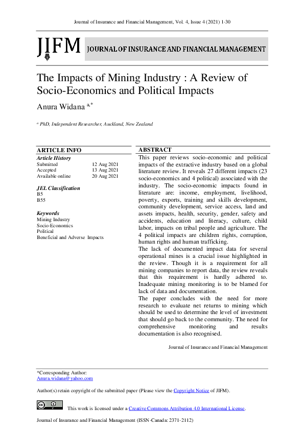 (PDF) The Impacts of Mining Industry : A Review of Socio-Economics and ...