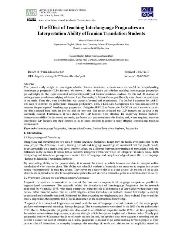 (PDF) The Effect of Teaching Interlanguage Pragmatics on Interpretation ...