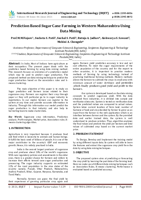 (PDF) IRJET- Prediction Based Sugar Cane Farming in Western Maharashtra ...