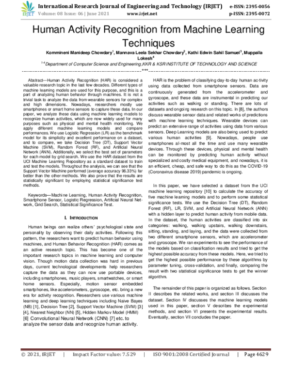 (PDF) IRJET- Human Activity Recognition from Machine Learning Techniques