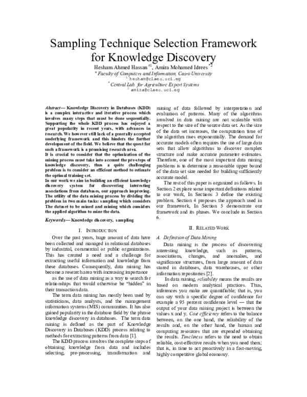 (PDF) Sampling technique selection framework for knowledge discovery