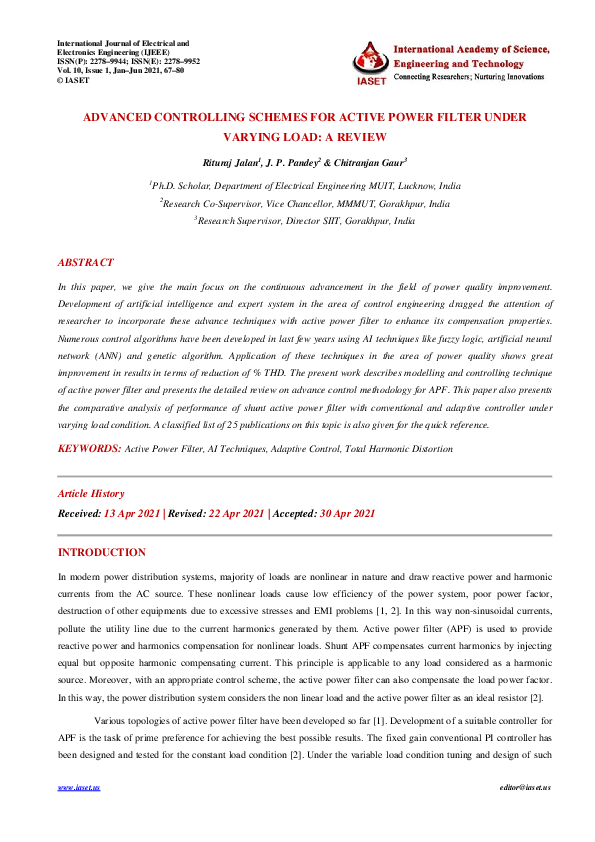 (PDF) ADVANCED CONTROLLING SCHEMES FOR ACTIVE POWER FILTER UNDER ...
