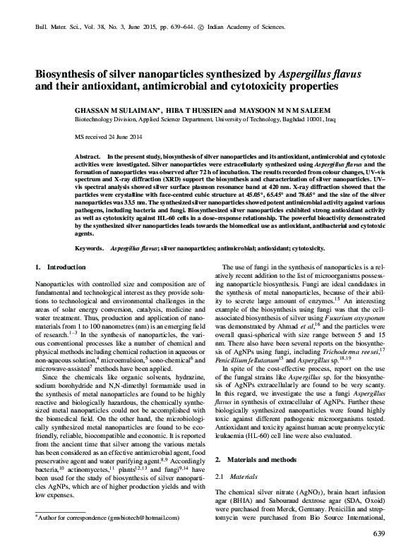 (PDF) Biosynthesis of silver nanoparticles synthesized by Aspergillus ...