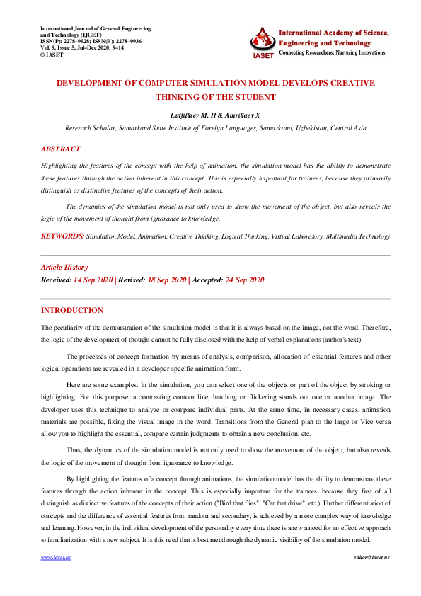(PDF) DEVELOPMENT OF COMPUTER SIMULATION MODEL DEVELOPS CREATIVE ...