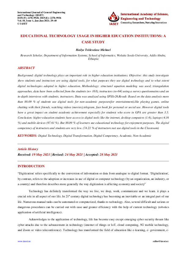 (PDF) EDUCATIONAL TECHNOLOGY USAGE IN HIGHER EDUCATION INSTITUTIONS: A ...