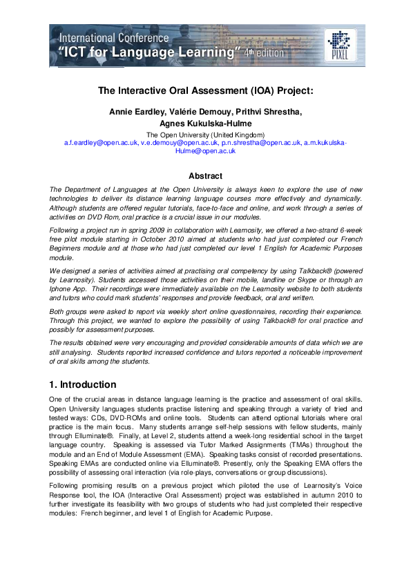 (PDF) The Interactive Oral Assessment (IOA) project