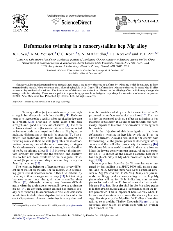 (PDF) Deformation twinning in a nanocrystalline hcp Mg alloy
