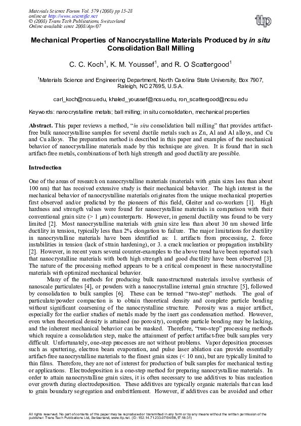 (PDF) Mechanical Properties of Nanocrystalline Materials Produced by In ...