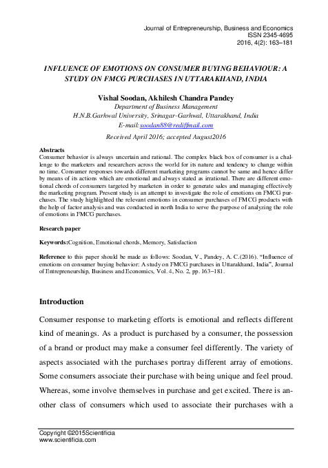 (PDF) INFLUENCE OF EMOTIONS ON CONSUMER BUYING BEHAVIOUR: A STUDY ON ...