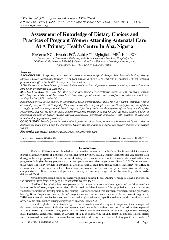 (PDF) Assessment of Knowledge of Dietary Choices and Practices of ...