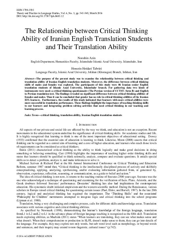(PDF) The Relationship between Critical Thinking Ability of Iranian ...