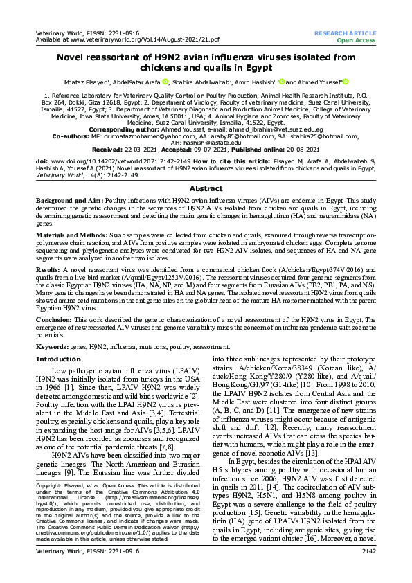 (PDF) Novel reassortant of H9N2 avian influenza viruses isolated from ...