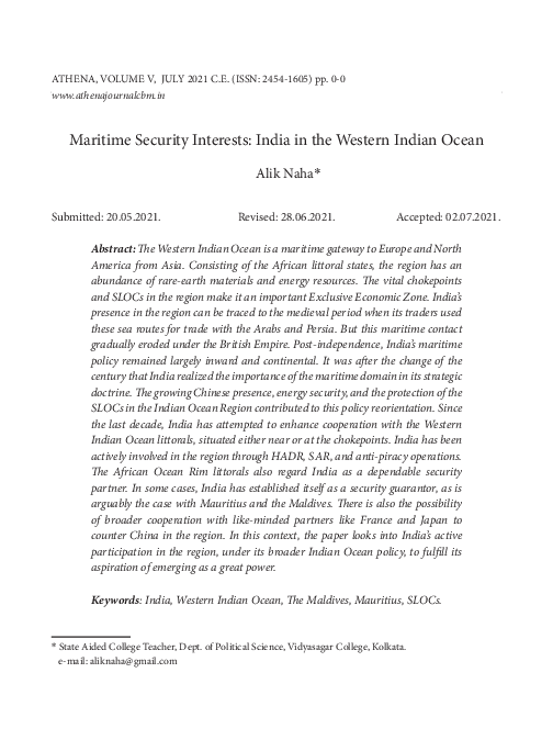 (PDF) Maritime Security Interests: India in the Western Indian Ocean