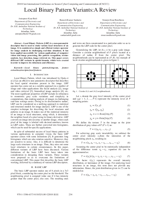 (PDF) Local Binary Pattern Variants:A Review