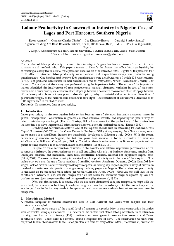 (PDF) Labour Productivity in Construction Industry in Nigeria: Case of ...