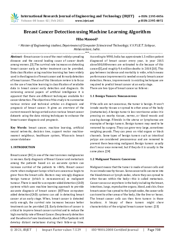 (PDF) IRJET- Breast Cancer Detection using Machine Learning Algorithm