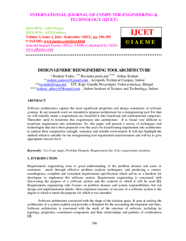 (PDF) DESIGN GENERIC REENGINEERING TOOL ARCHITECTURE