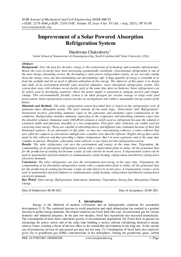 (PDF) Improvement of a Solar Powered Absorption Refrigeration System