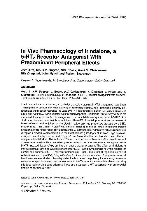 (PDF) In vivo pharmacology of irindalone, 5-HT2 receptor antagonist ...