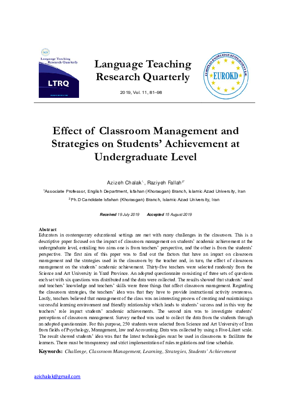 (PDF) Effect of classroom management and strategies on students ...