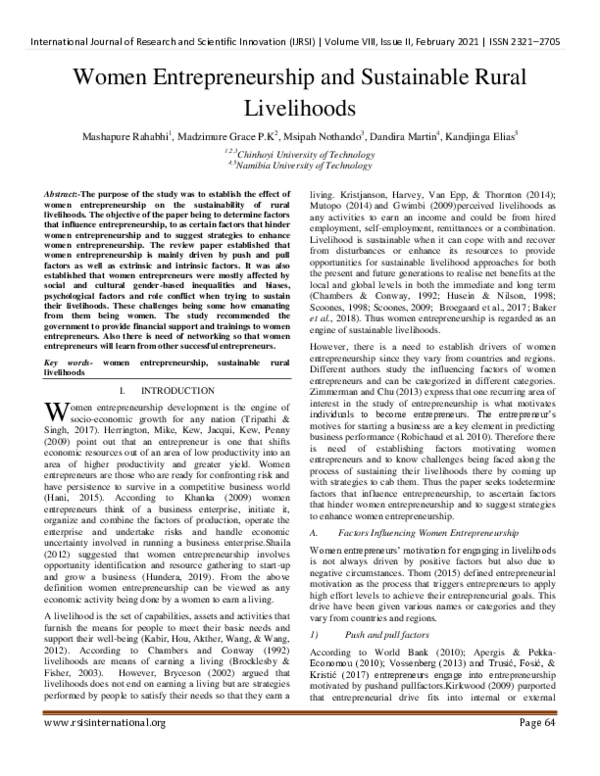 (PDF) Women Entrepreneurship and Sustainable Rural Livelihoods