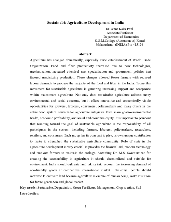 (DOC) Sustainable Agriculture Development in India