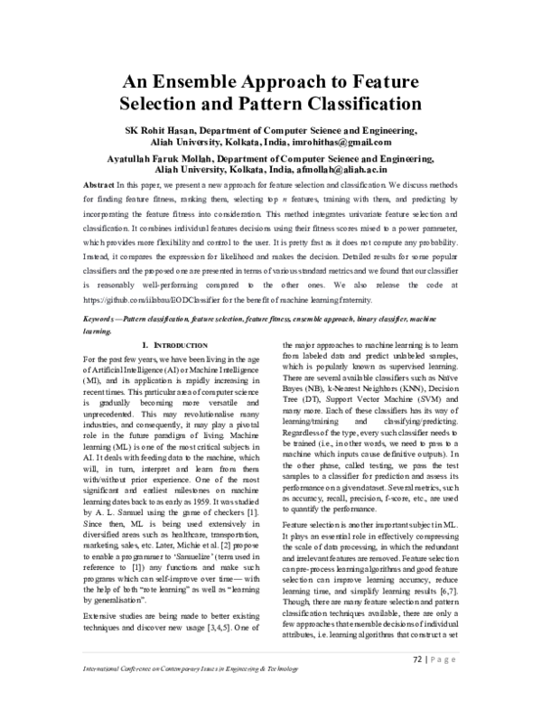 (PDF) An ensemble approach to feature selection and pattern classification
