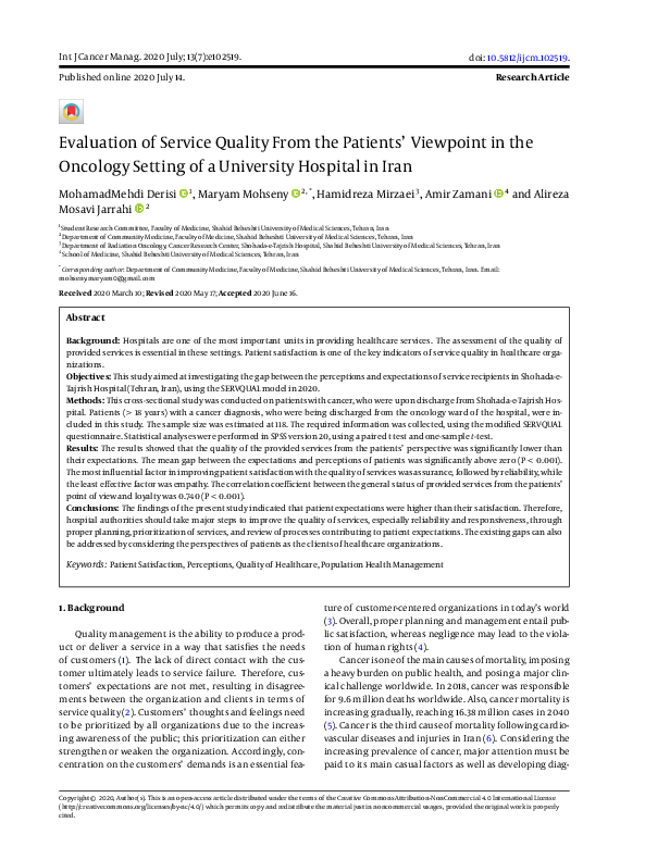 (PDF) Evaluation of Service Quality From the Patients’ Viewpoint in the ...