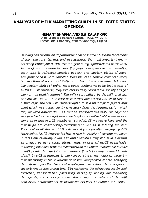 (PDF) ANALYSIS OF MILK MARKETING CHAIN IN SELECTED STATES OF INDIA