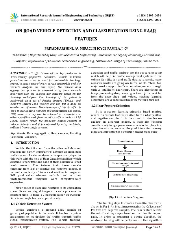 (PDF) IRJET- ON ROAD VEHICLE DETECTION AND CLASSIFICATION USING HAAR ...