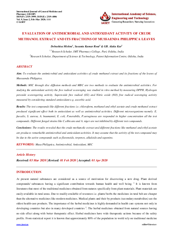 (PDF) EVALUATION OF ANTIMICROBIAL AND ANTIOXIDANT ACTIVITY OF CRUDE ...