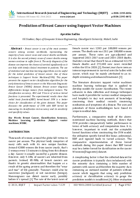(PDF) IRJET=- Prediction of Breast Cancer using Support Vector Machines