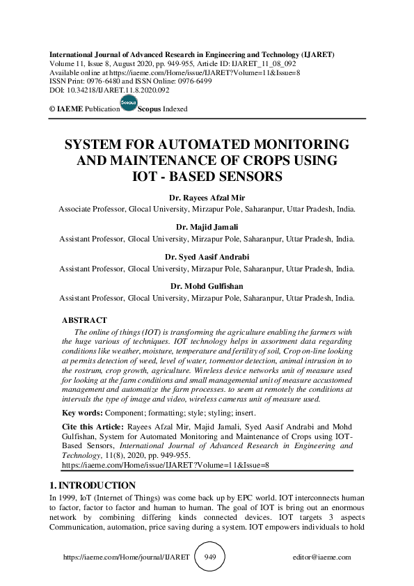 (PDF) SYSTEM FOR AUTOMATED MONITORING AND MAINTENANCE OF CROPS USING ...