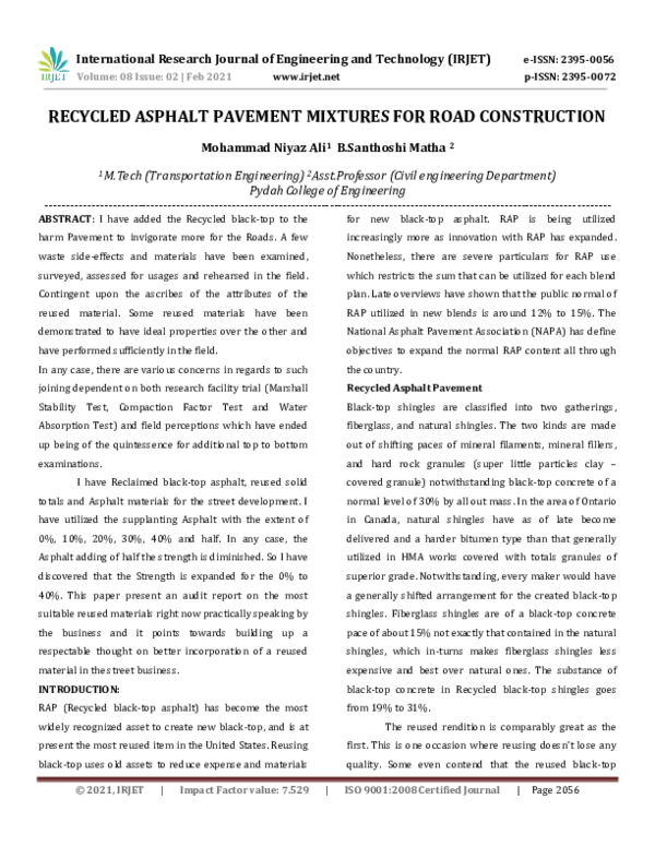 (PDF) IRJET- RECYCLED ASPHALT PAVEMENT MIXTURES FOR ROAD CONSTRUCTION