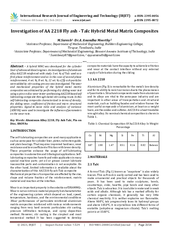 (PDF) IRJET- Investigation of AA 2218 Fly ash -Talc Hybrid Metal Matrix ...