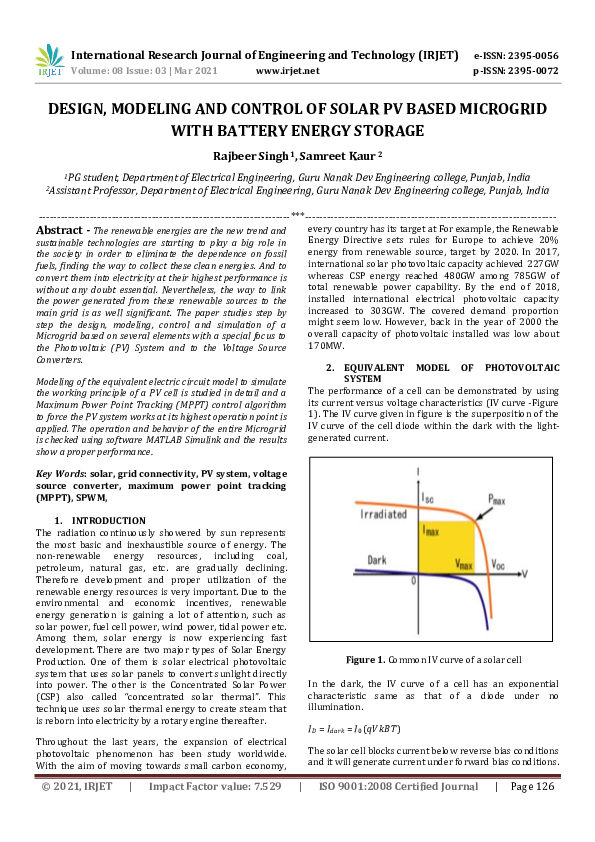 (PDF) IRJET- DESIGN, MODELING AND CONTROL OF SOLAR PV BASED MICROGRID ...