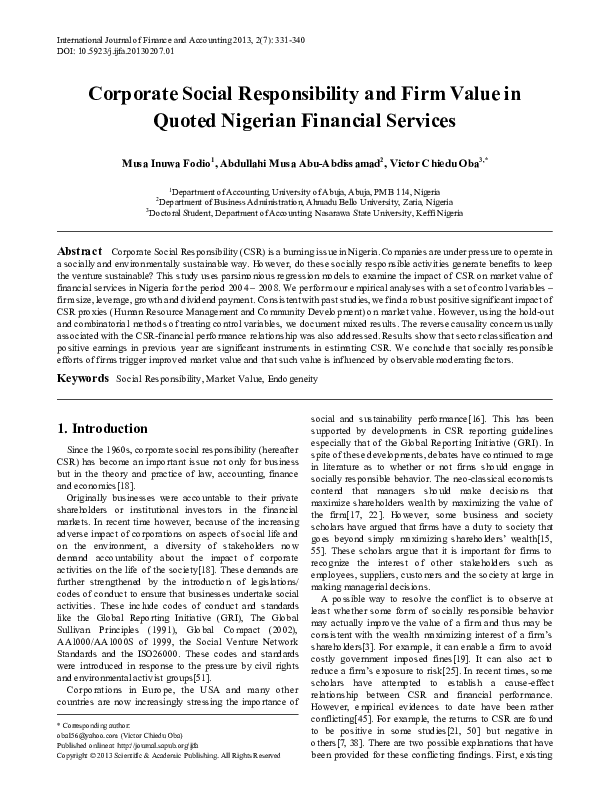 (PDF) Corporate Social Responsibility and Firm Value in Quoted Nigerian ...