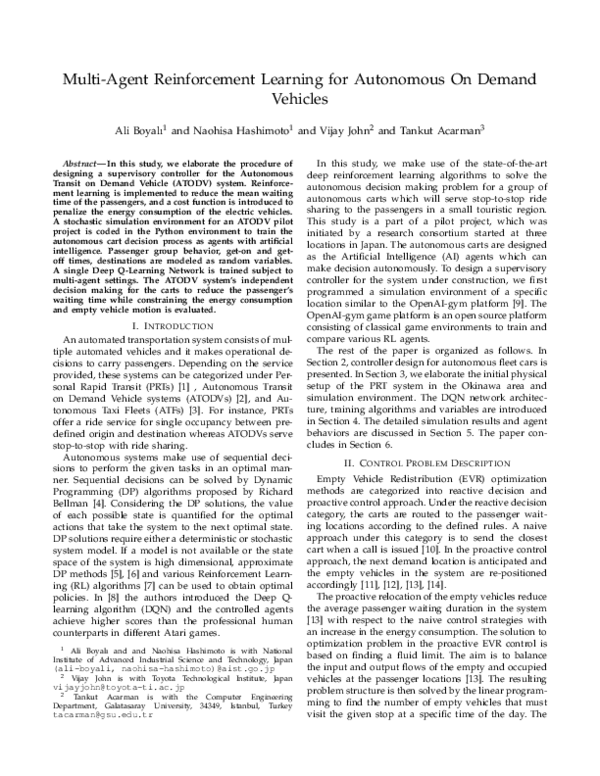 (PDF) Multi-Agent Reinforcement Learning for Autonomous On Demand Vehicles
