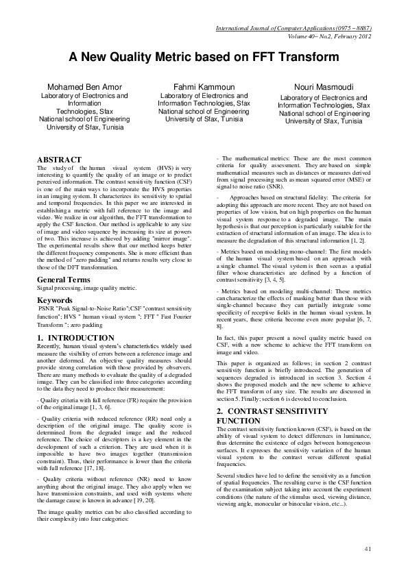 (PDF) A New Quality Metric based on FFT Transform