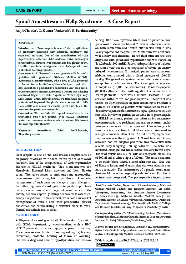 (PDF) Spinal Anaesthesia in Hellp Syndrome A Case Report S