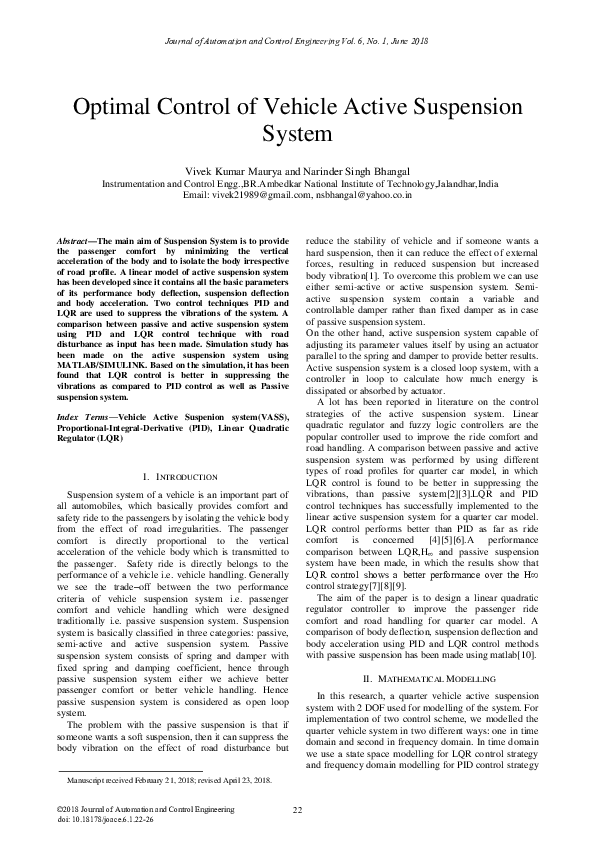 (PDF) Optimal Control of Vehicle Active Suspension System
