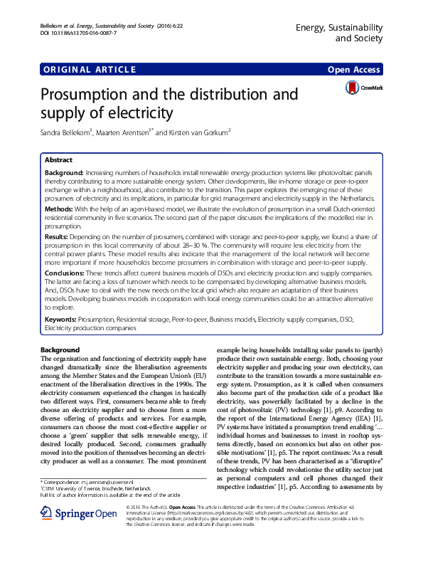 (PDF) Prosumption and the distribution and supply of electricity