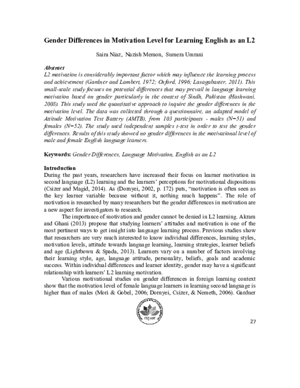 (PDF) Gender Differences in Motivation Level for Learning English as an L2