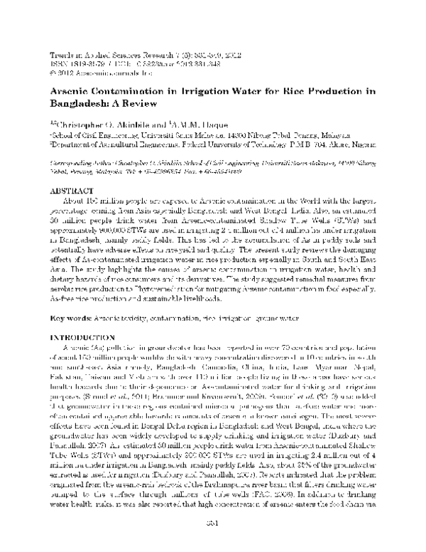 (PDF) Arsenic Contamination in Irrigation Water for Rice Production in