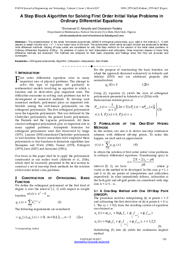 (PDF) A Step Block Algorithm for Solving First Order Initial Value ...