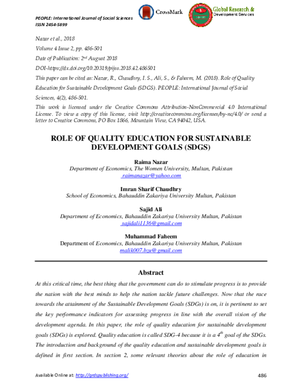 (PDF) Role of Quality Education for Sustainable Development Goals (SDGS)