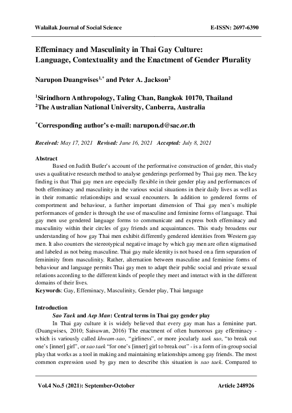 (PDF) Effeminacy and Masculinity in Thai Gay Culture: Language ...