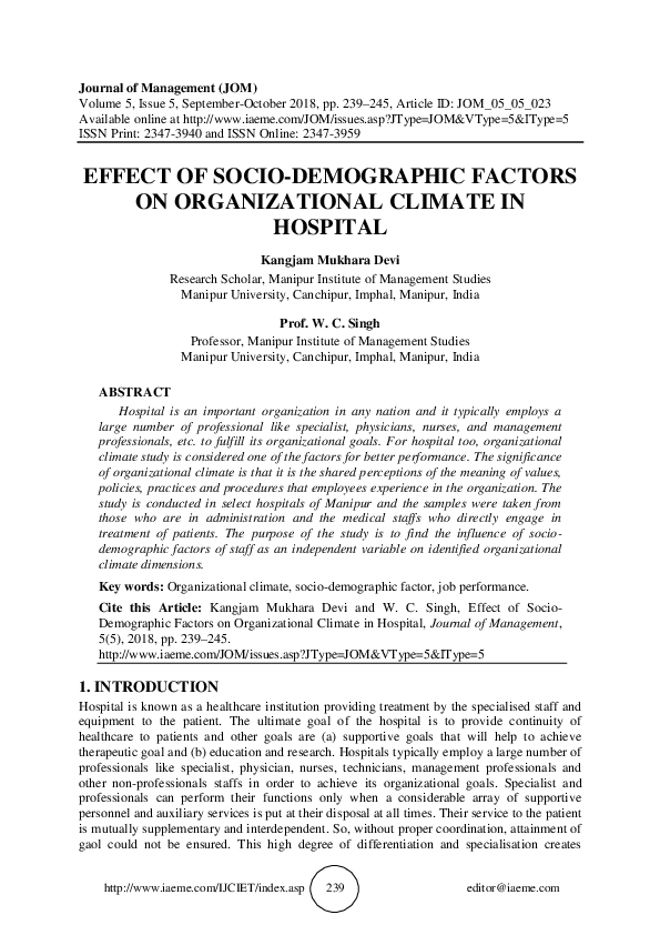 (PDF) EFFECT OF SOCIO-DEMOGRAPHIC FACTORS ON ORGANIZATIONAL CLIMATE IN ...