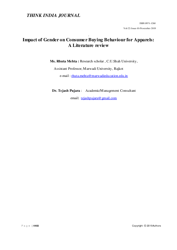 (PDF) Impact of Gender on Consumer Buying Behaviour for Apparels: A ...