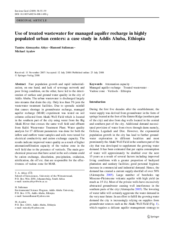 (PDF) Use of treated wastewater for managed aquifer recharge in highly ...